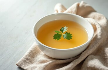 Homemade chicken bone broth in white bowl with parsley leaf on a linen towel. Warm golden soup, healthy meal for diet. Nutritious food, collagen source. Cozy dinner, lunch, tasty ingredients.