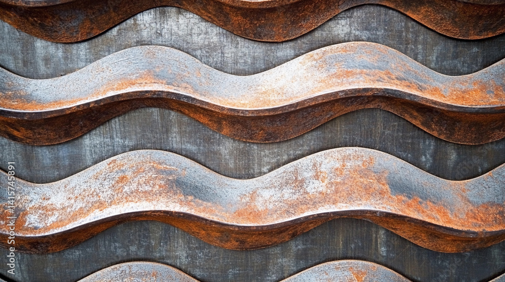 Poster Rusty metal ribbon waves texture with detailed surface Generative AI