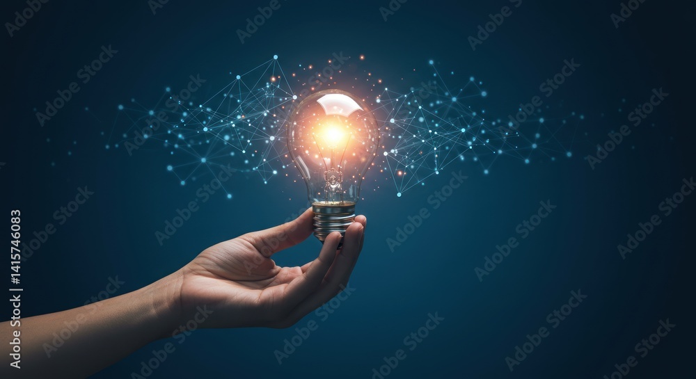 Poster hand holding a glowing lightbulb with sparkling particles on a dark background.