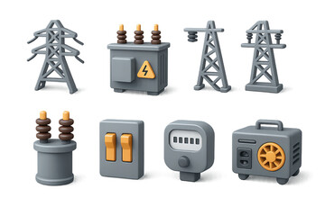 3D icon set of electricity grid: power lines, transformer station, electrical substation, grid tower, voltage regulator, circuit breaker, electrical meter, generator. 3d icon. Isolated