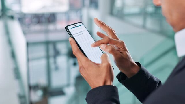 Business person, hands and phone screen with research for user interaction, UI or UX at office. Closeup, employee or investor with mobile smartphone or interactive display for web app or information