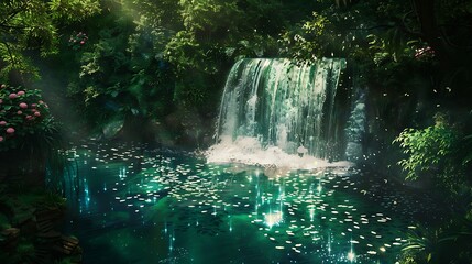 Enchanted waterfall cascades into a shimmering turquoise pond adorned with lily pads in a lush, magical forest setting. Serene fantasy landscape concept.
