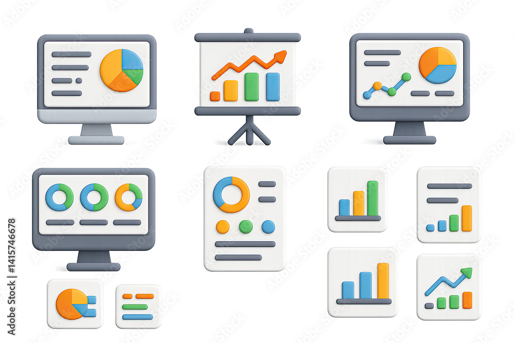 Poster finance and business analytics 3d icon set for data visualization and reporting