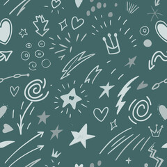 Teal Doodle Pattern: Hearts, Stars, Crowns