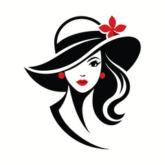 Elegant Woman in Black Hat with Red Flower and Earrings