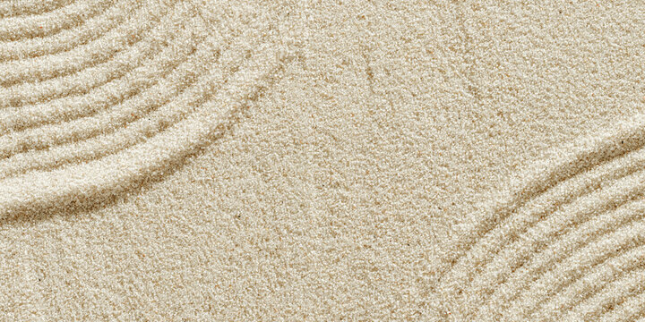 Aesthetic minimal natural sandy background with sandy waves and ripples, light and shadows. Pastel color zen garden fon for Spa, meditation, relaxation, wellness. Styled design banner, copy space