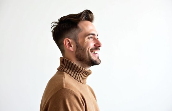 Profile portrait of young caucasian man wearing brown knitted turtleneck sweater. Brunette male with toothy smile looking right. Confident, happy, carefree, positive emotion. Perfect for