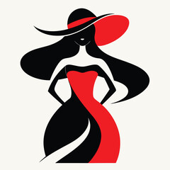 Elegant Woman in Red Dress and Wide Brim Hat Abstract Illustration
