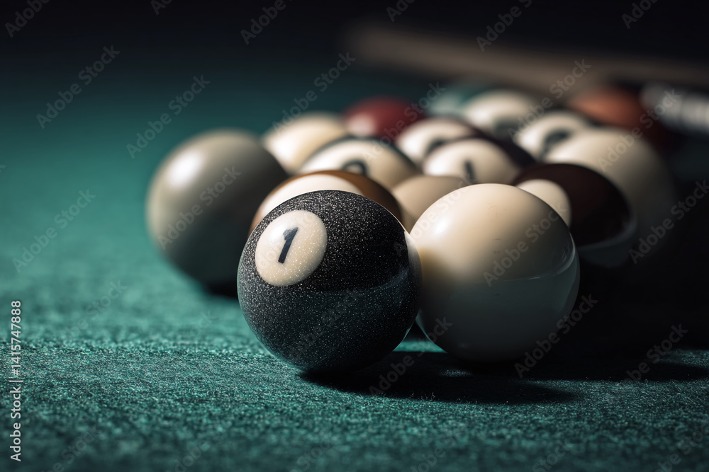 Aufkleber close-up of billiard balls on green felt, number one ball in focus, showcasing a game of billiards o
