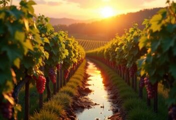 Fototapeta premium vibrant grapes vineyard sunrise reflection nature freshness colorful outlook grape bunches juicy harvest rural scenery, dew, morning, clusters, landscape