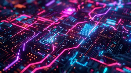 Fototapeta premium Close-up of a futuristic electronic circuit board with glowing blue and pink neon pathways and microchips. Technology, data processing, and network concept. 
