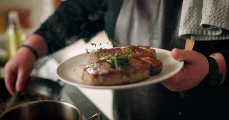 Hands, person and cooking with herbs in kitchen for meal preparation, fine dining and nutrition cuisine. Chef, garnish and steak with catering service, healthy food and lunch presentation of wellness