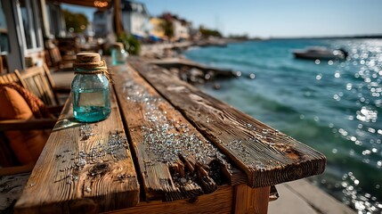 Rustic waterfront scene with jar, wooden table, waves, and a distant boat