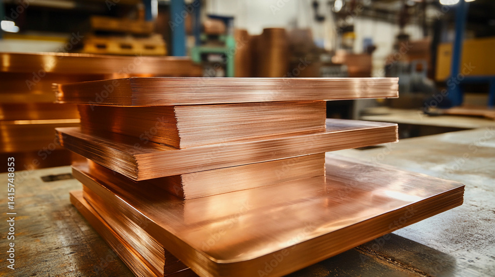 Aufkleber Stacked copper sheets in workshop with soft lighting Generative AI