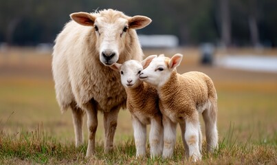 Obraz premium Sheep family portrait, ewe with two lambs. Farm scene, outdoor, close-up shot. Motherly love, cozy look