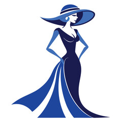 Elegant Woman in Blue Gown and Hat Fashion Illustration