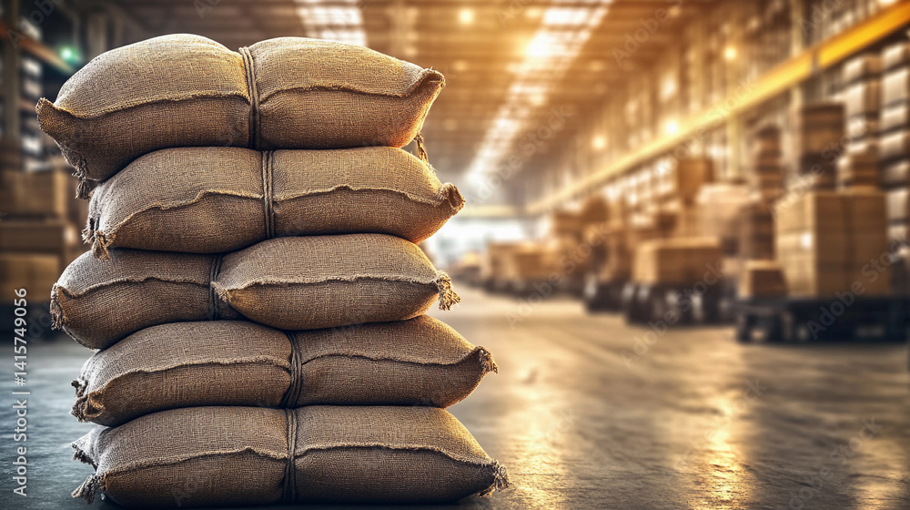 Aufkleber Burlap sacks stacked in a warehouse setting with warm lighting Generative AI