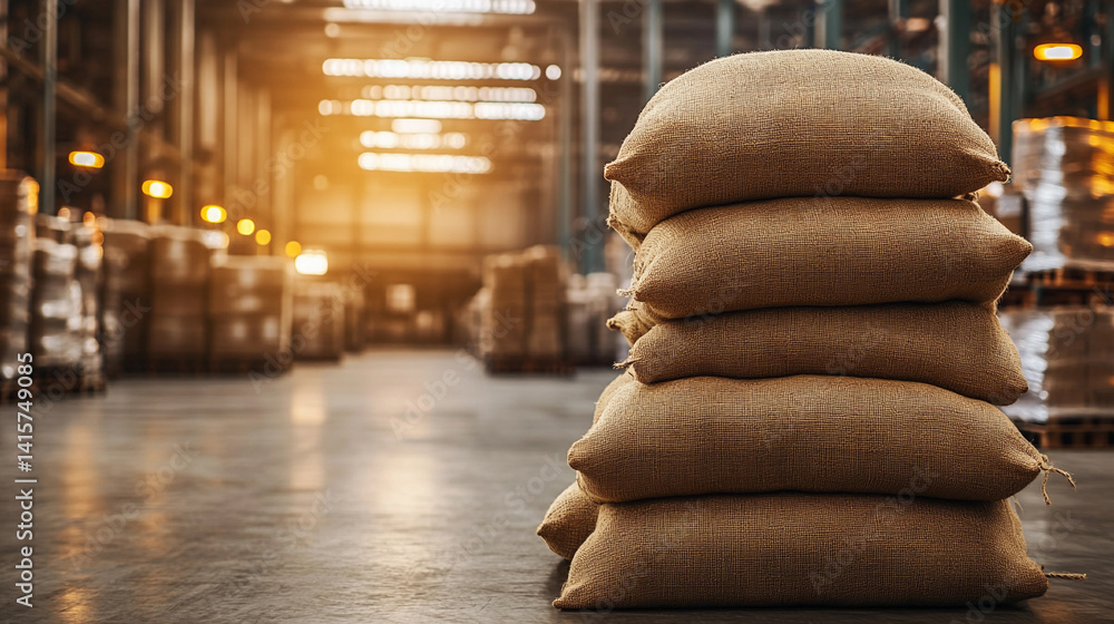 Aufkleber Stacked burlap sacks in a spacious warehouse setting Generative AI