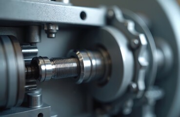 Fototapeta premium Close-up shot of plastic extrusion machine. Stainless steel, metal part of industrial equipment. Machinery, manufacturing, factory production process, engineering, tech.
