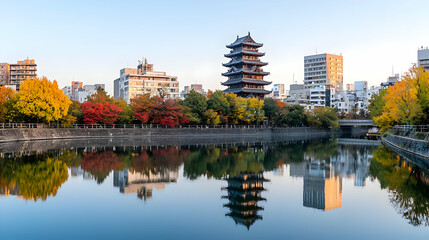 Fototapeta premium Autumn Foliage Park Reflections On Calm Lake