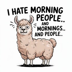 Fototapeta premium Funny llama cartoon expressing morning frustration, perfect for comedic contexts. funny quotes t-shirt