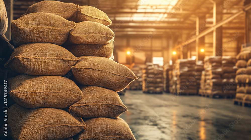 Poster Burlap sacks stacked inside a spacious warehouse Generative AI