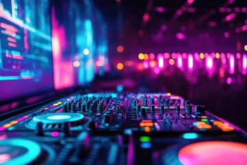 DJ console in vibrant neon lights at a concert, mixing music for the crowd.