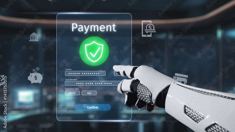 Poster a robotic hand points at a digital payment interface in a high-tech control room, showcasing secure 