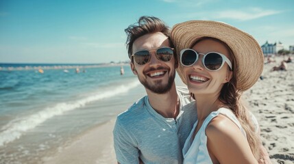 Fototapeta premium summer holidays and people concept - happy couple on beach in tallinn, estonia