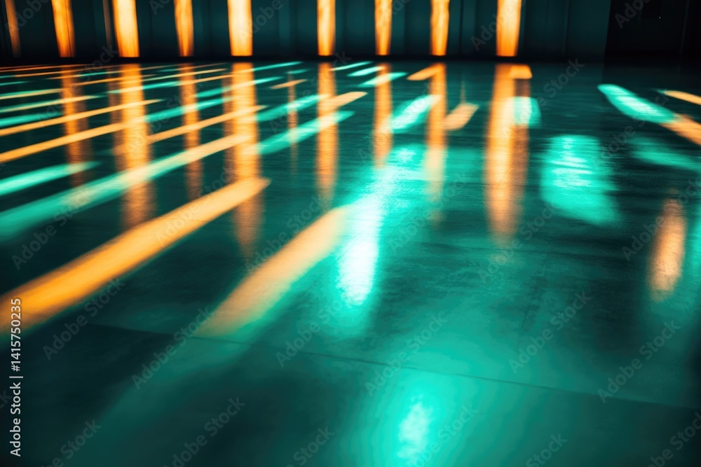 Poster abstract teal and amber light reflections on a polished floor, creating geometric patterns.