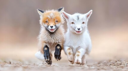 Adorable fox kit and baby goat running together heartwarming wildlife image