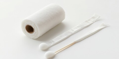 Obraz premium Cotton Roll and Swabs on White Background