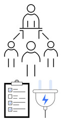 Simple organizational hierarchy above checklist with visible tasks and plug icon representing energy and power. Ideal for teamwork, workflow, task management, efficiency, organization, renewable