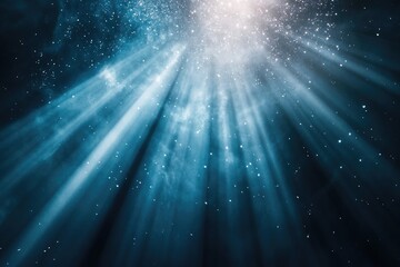 Celestial light rays pierce a dark, smoky expanse, illuminated by ethereal particles.