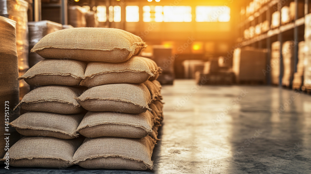 Aufkleber Burlap sacks stacked neatly in a spacious warehouse Generative AI