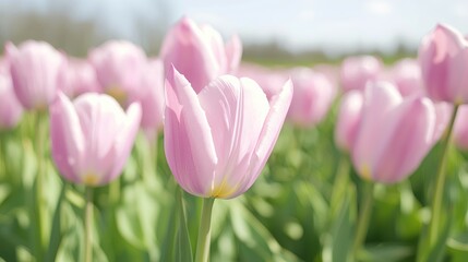 Fototapeta premium Soft pink tulips field serene spring floral nature photography background