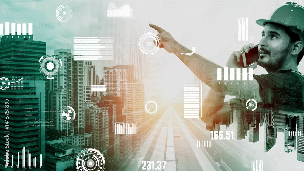 Poster future building construction and inventive engineering project concept with hud hologram graphic des