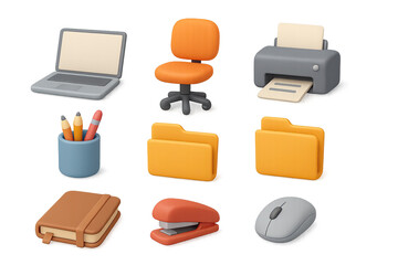 3d office essentials icon set: laptop, chair, printer, and more for productivity
