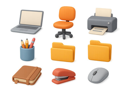 3d office essentials icon set: laptop, chair, printer, and more for productivity