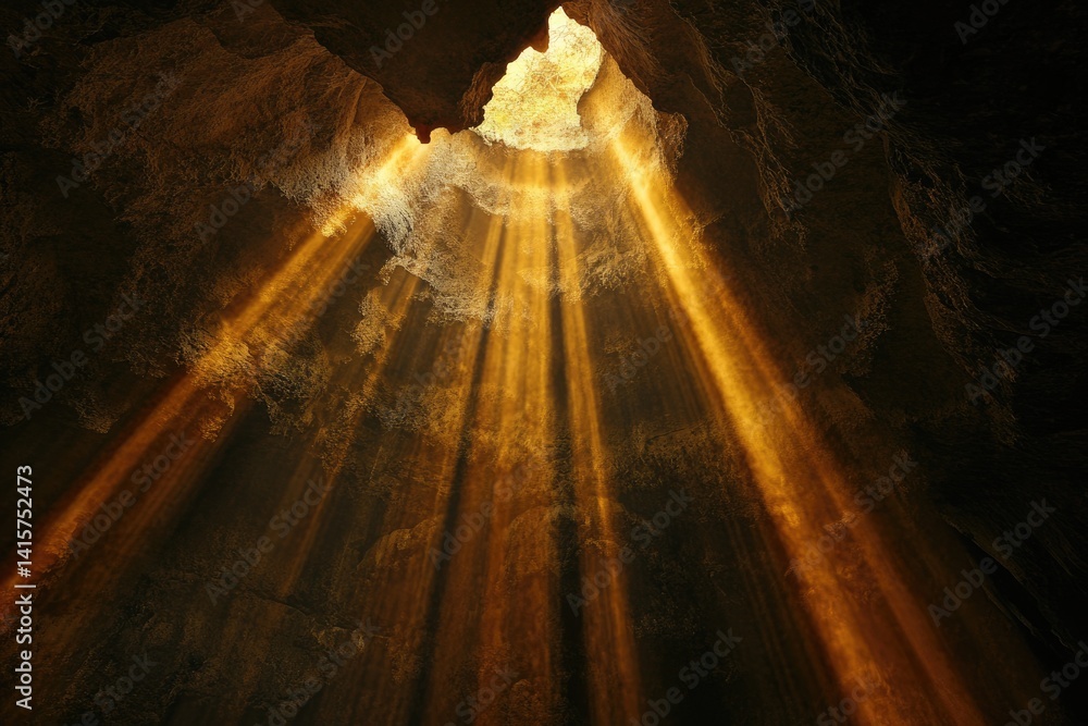 Poster sunbeams illuminate a dark cave, creating a dramatic and mystical atmosphere.