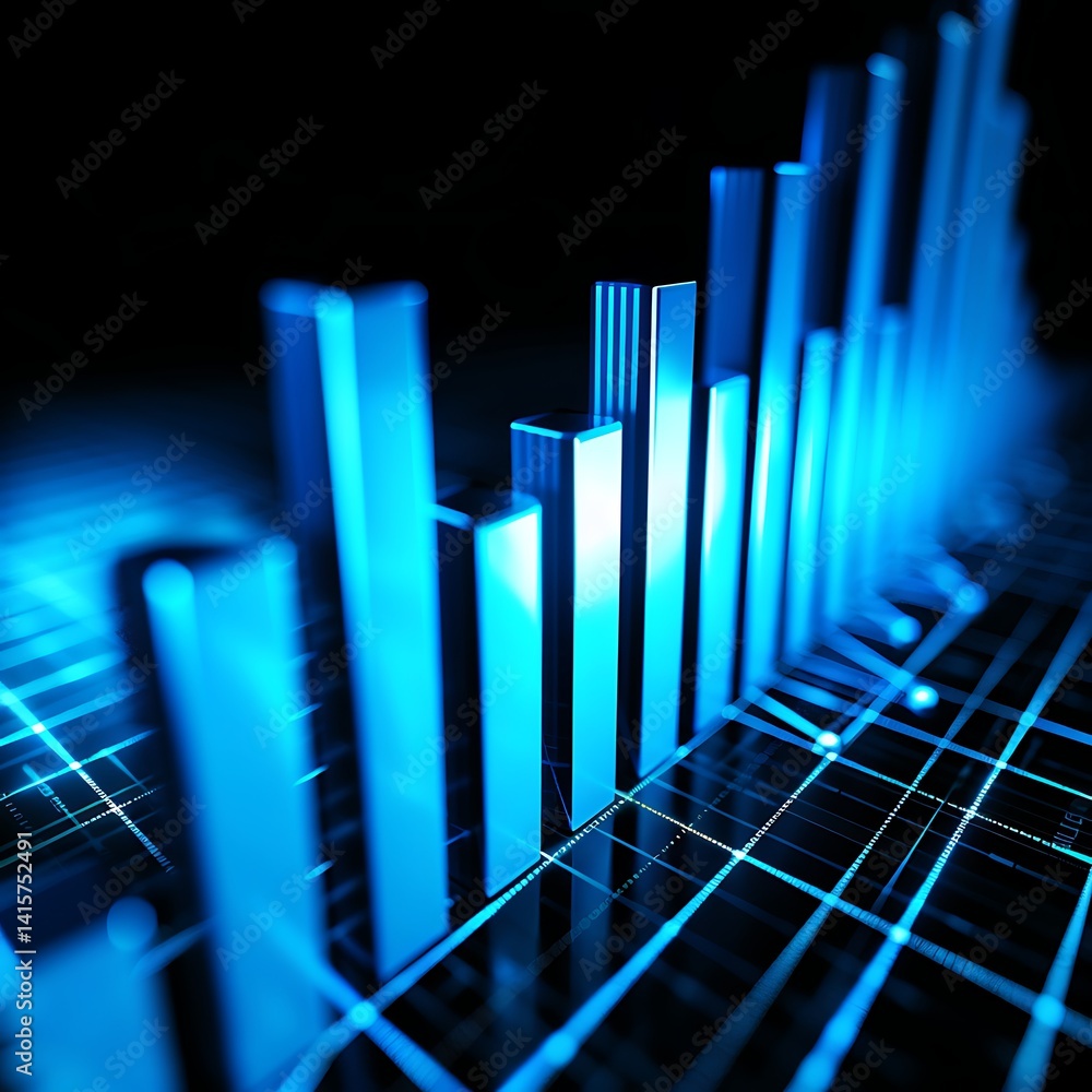 Aufkleber glowing blue 3d bar graph rising from a digital grid. abstract concept representing financial data, 