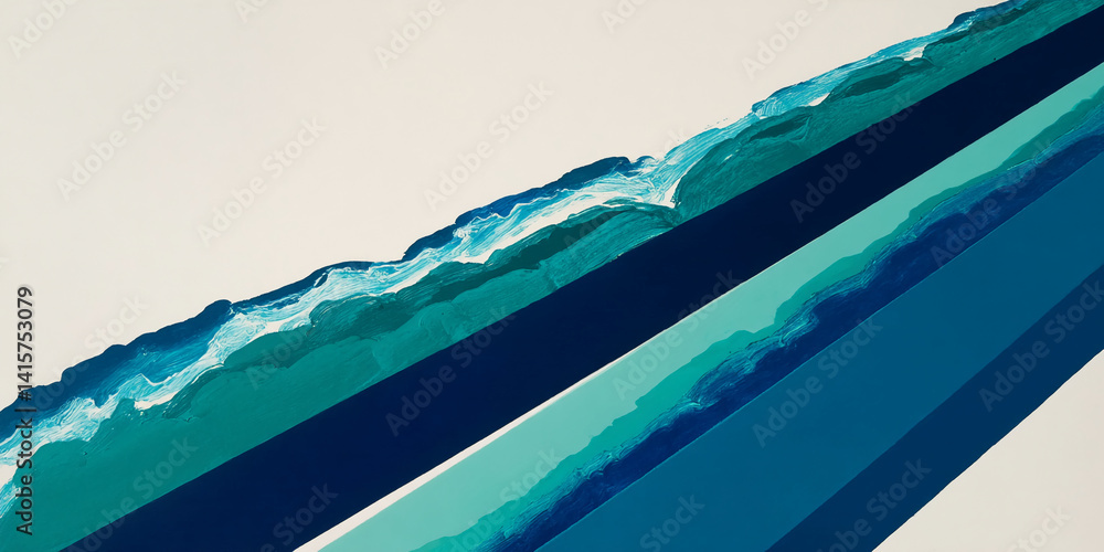 Poster abstract painting with teal, blue, and white paint strokes, creating diagonal bands suggesting waves