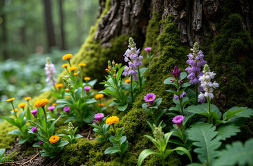 Fototapeta premium Assortment of wildflowers and ferns growing at the base of a mossy tree trunk in the forest