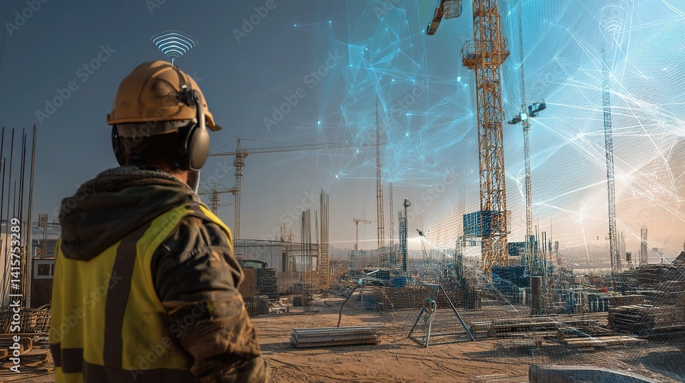 Poster 3d model of construction site with smart sensors and technology