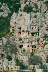 Fototapeta premium Ruins Myra Ancient City in Demre to Antalya, archaeology landmarks of Turkey. Remains of theatre in Myra, Greco-Roman ancient city in Antalya, Turkey.