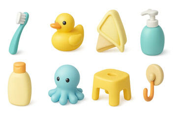 Playful bath time icons set: 3d style for kids' bathroom and toy themes