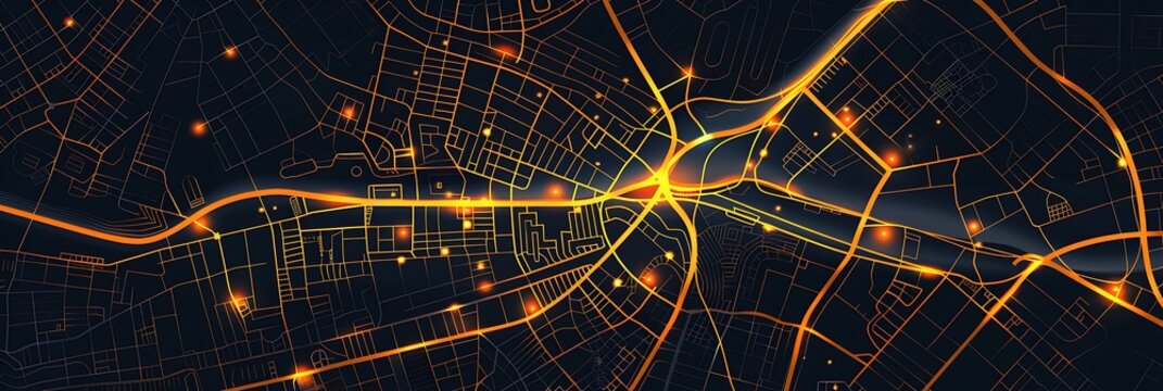 Abstract digital city map glowing with orange light trails on roads and nodes against a dark background. Concept for navigation, data flow, or smart city tech.
