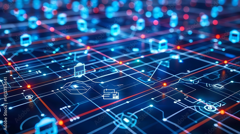 Poster futuristic abstract concept of a glowing blue digital network grid with interconnected lines, nodes,
