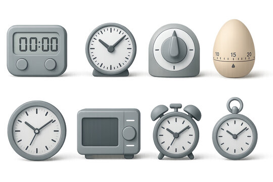 3d kitchen timer and clock icon set: alarm, anniversary, stopwatch, and more