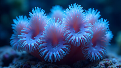 Obraz premium Ecological Ace card made from living coral polyps with pulsating symbionts. Aquarium glass background. Climate-data coral skeleton border.